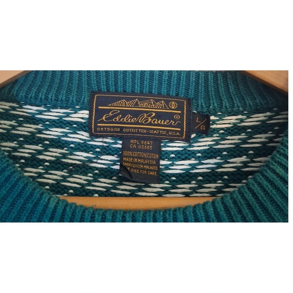 Vintage 90s Eddie Bauer Birds Eye Sweater Men's Large Green Crewneck Knit Cotton